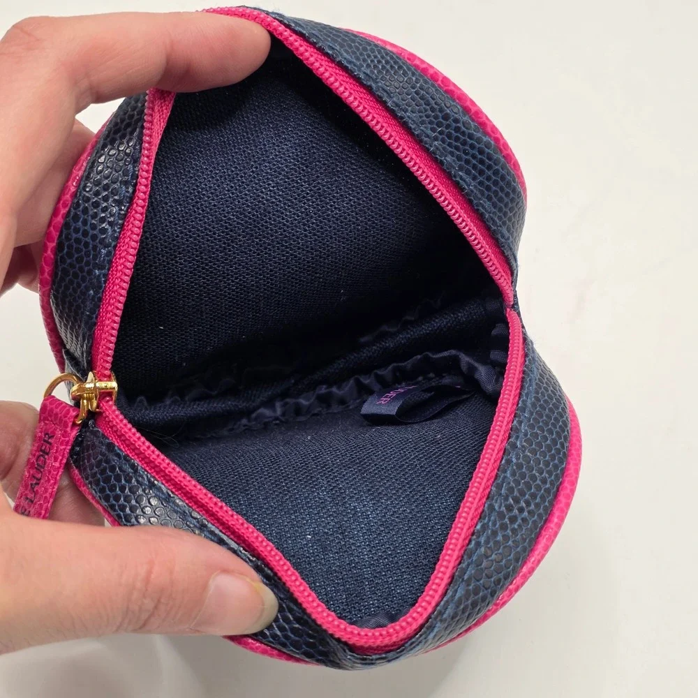 Estee Lauder Cosmetic Pouch Womens Navy Pink Faux Leather Round Travel Makeup‎
